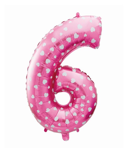 Folienballon Zahl "6" - pink mit Herzen - 61 cm