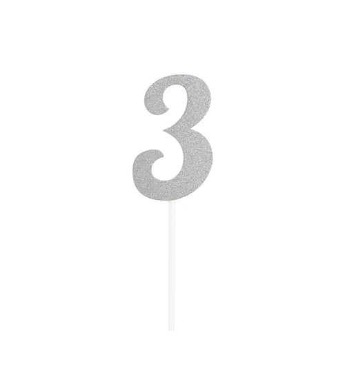 Kuchen-Topper-Zahl aus Pappe "3" - glitter silber - 5 x 7,5 cm